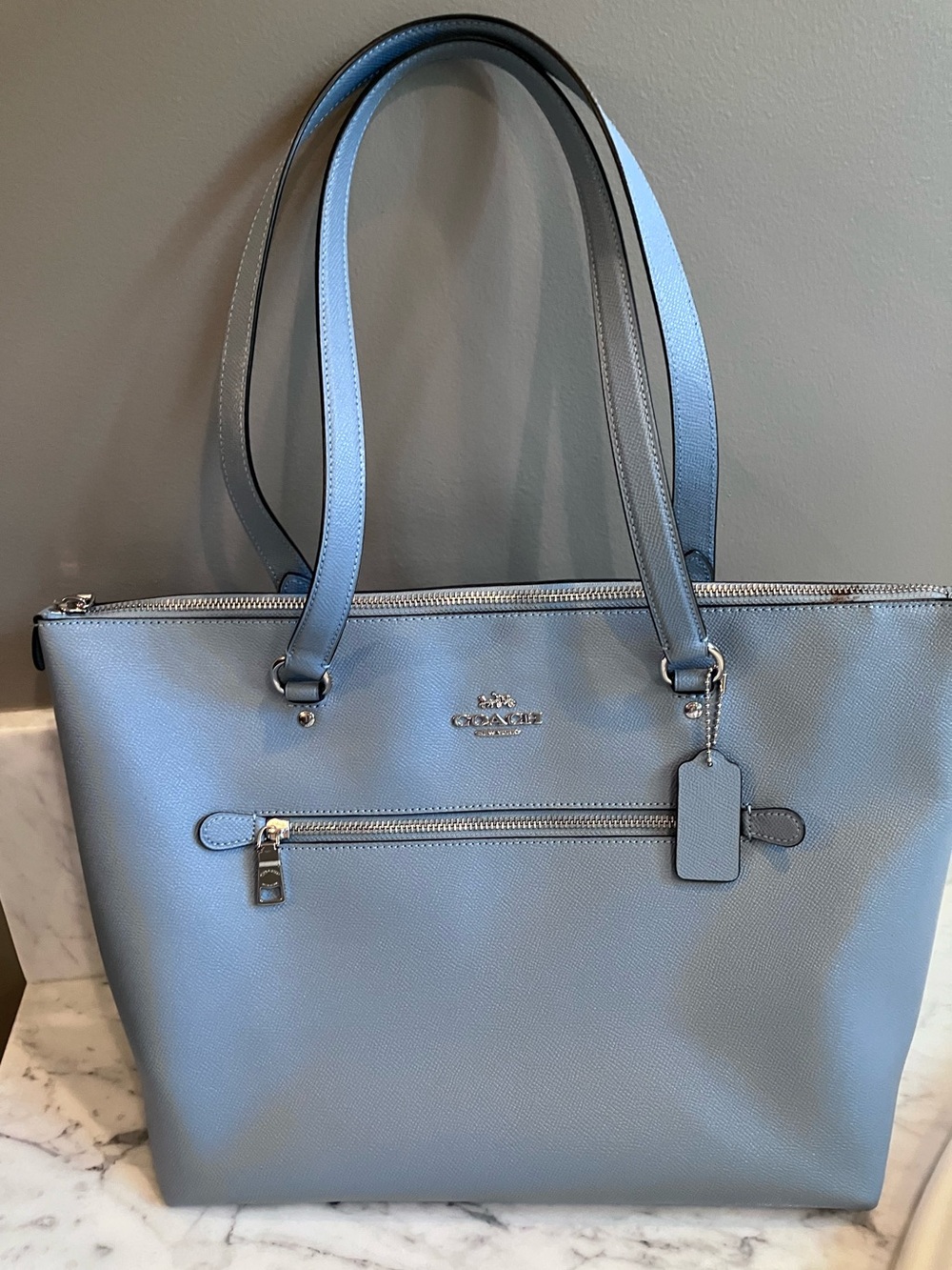 Coach Light Blue Leather Zip-Top Tote with Silver Hardware